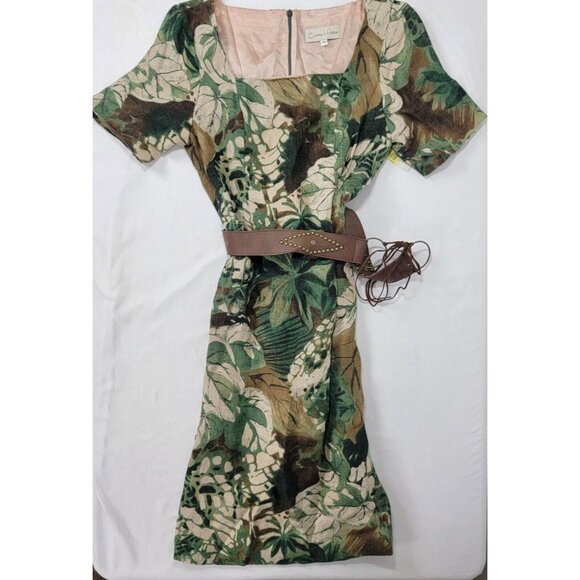 NEW Carrie Hutton Short Sleeve Linen Dress Size 8 Brown Green Tropical Floral - Picture 2 of 8
